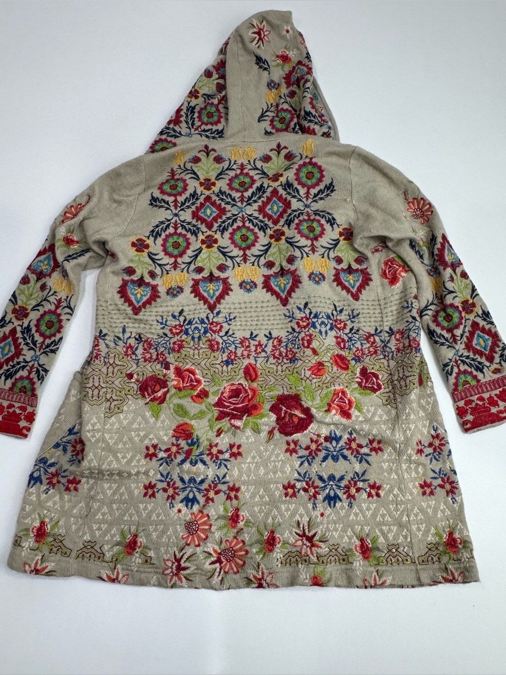 JOHNNY WAS BIYA HOODED OPEN CARDIGAN Sweater Sz S Tan Multicolor Embroidered - Picture 8 of 12